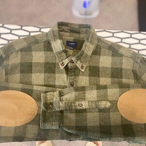 J.Crew Olive Green Plaid Shirt with Elbow Patches (Size Large)